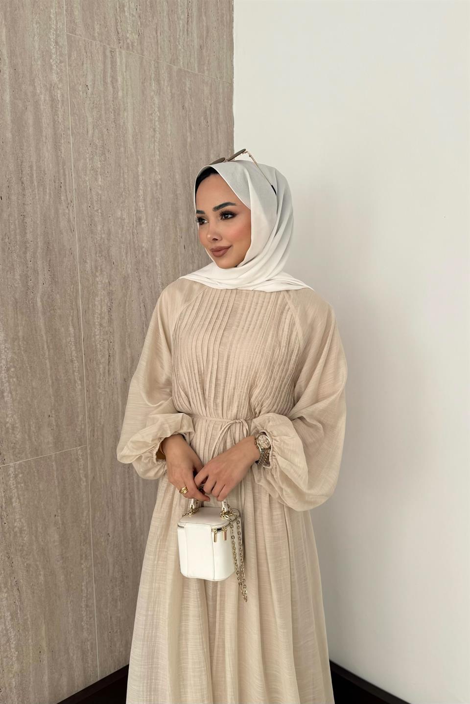 Nervürlü Vual Elbise - Taş