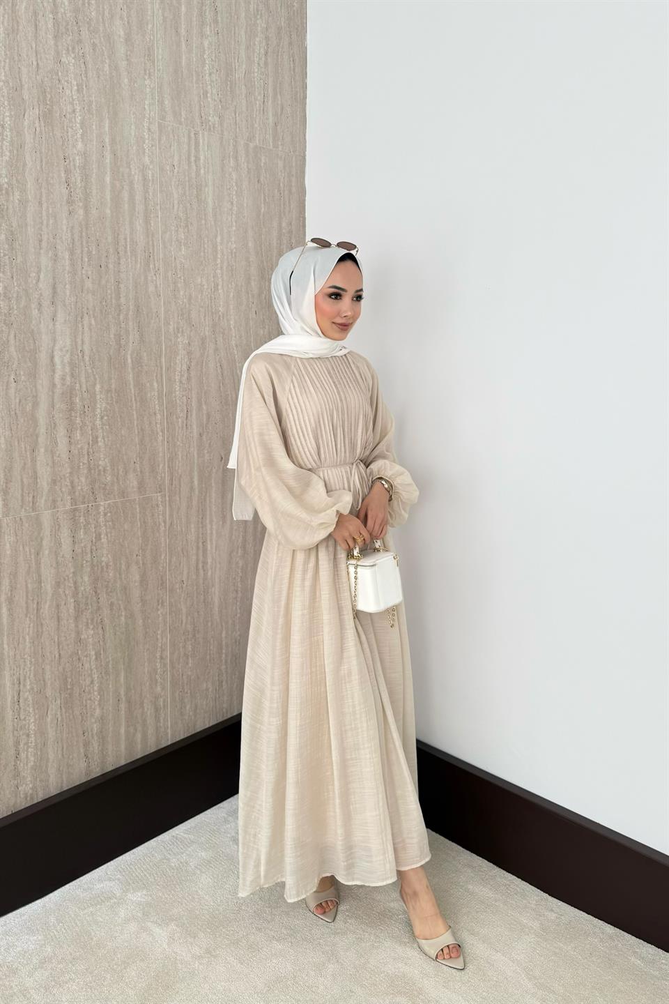 Nervürlü Vual Elbise - Taş