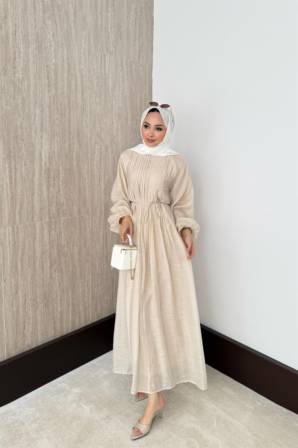 Nervürlü Vual Elbise - Taş