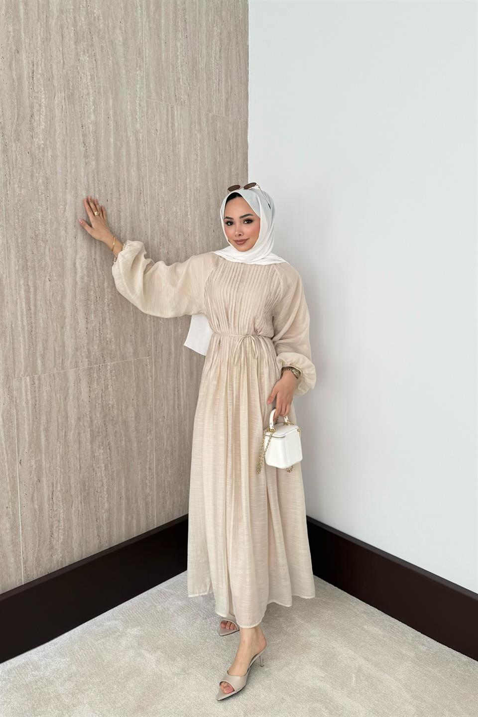 Nervürlü Vual Elbise - Taş