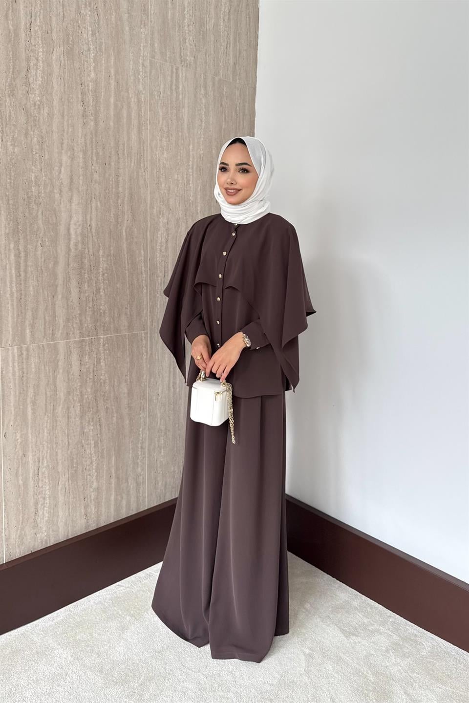 Olivia Pelerinli Pantolonlu Takım - Kahve