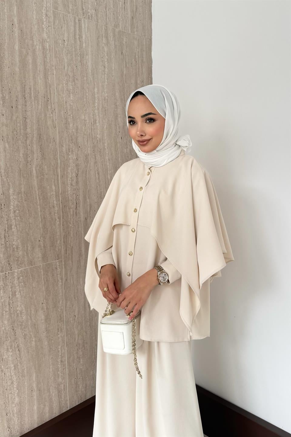Olivia Pelerinli Pantolonlu Takım - Taş