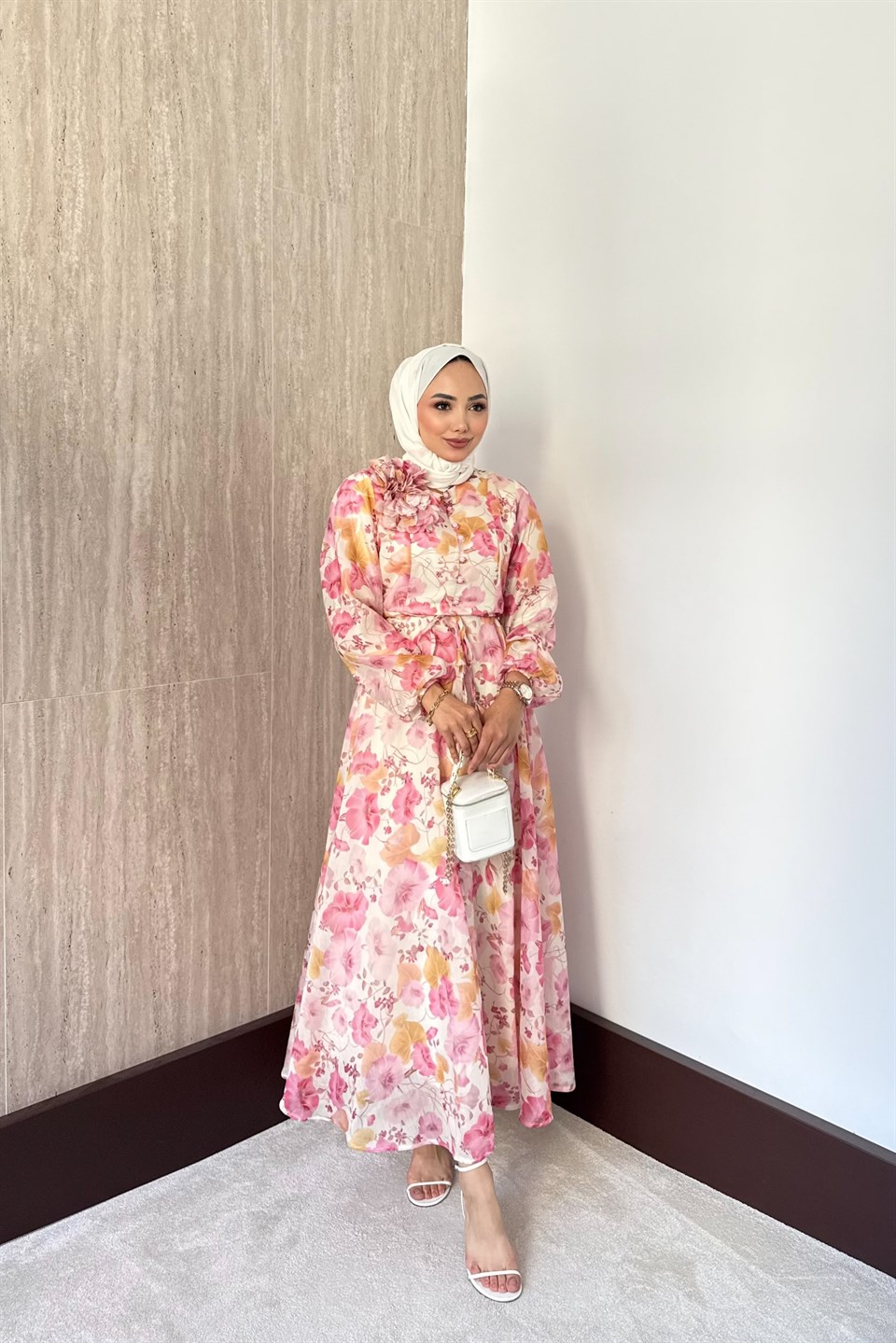 Omuz Çiçekli Desenli Elbise - Pembe