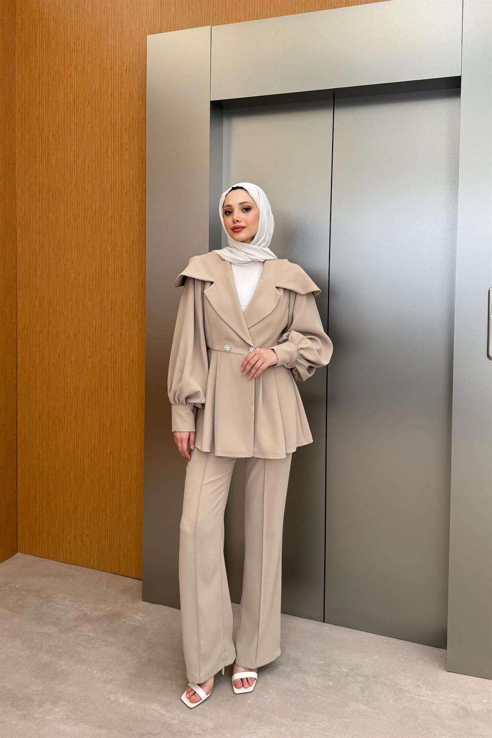 Shoulder Cape and Trouser Suit - Stone
