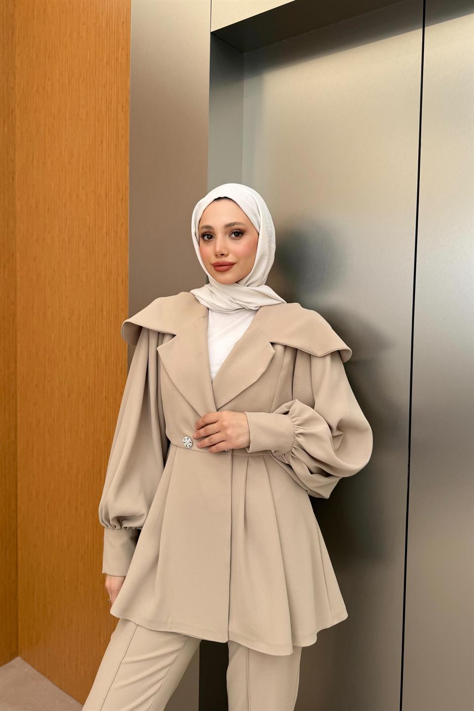 Shoulder Cape and Trouser Suit - Stone