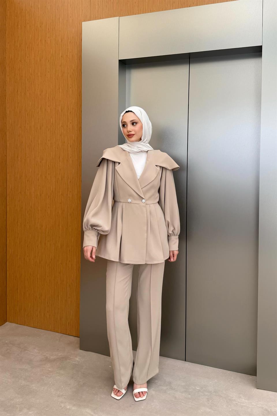 Shoulder Cape and Trouser Suit - Stone