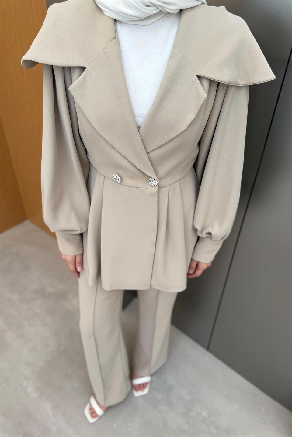 Shoulder Cape and Trouser Suit - Stone