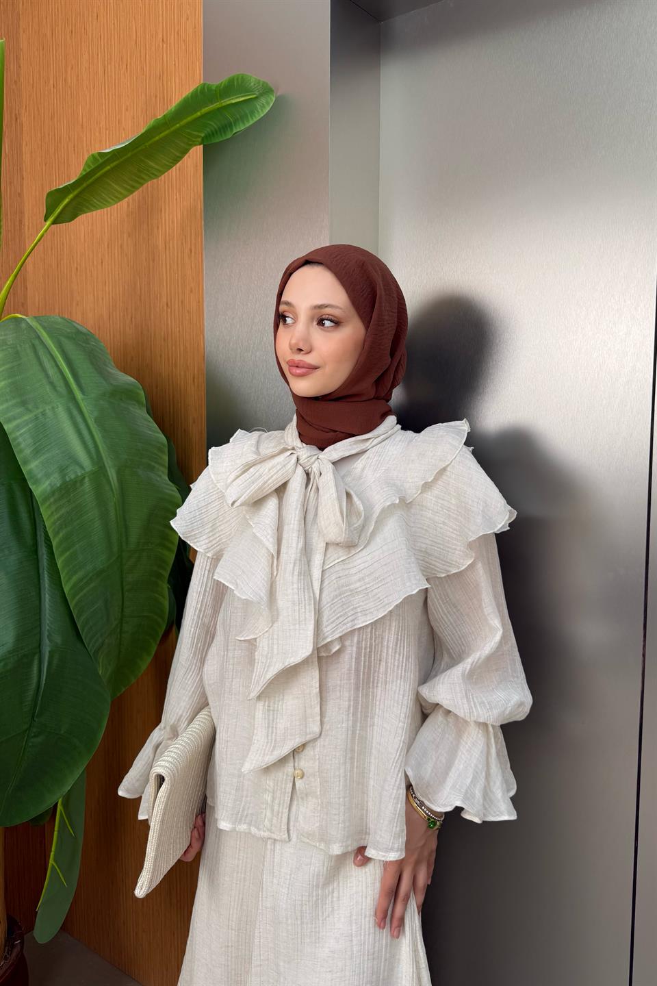 Front Tie Detail Skirt Suit - Beige