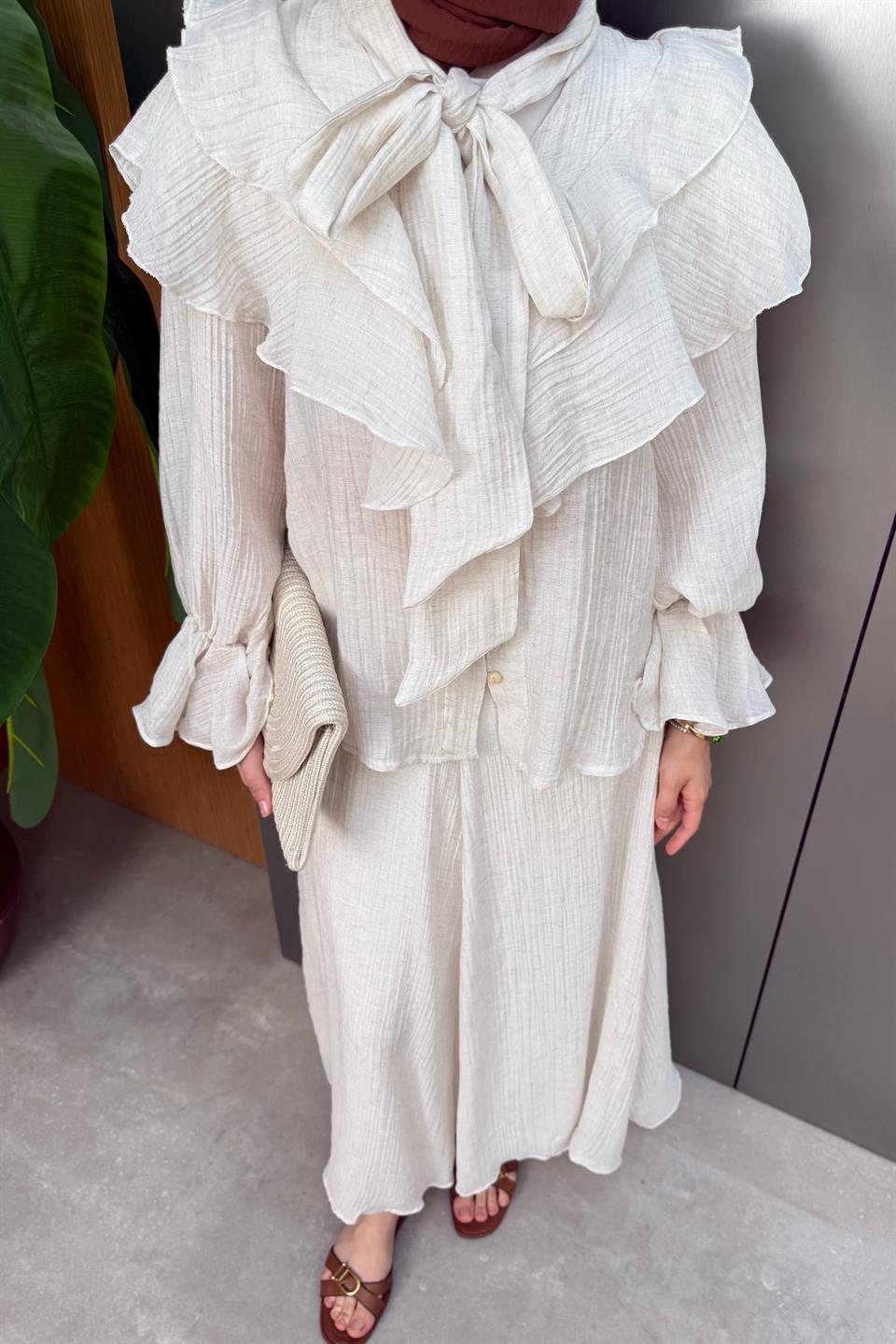 Front Tie Detail Skirt Suit - Beige