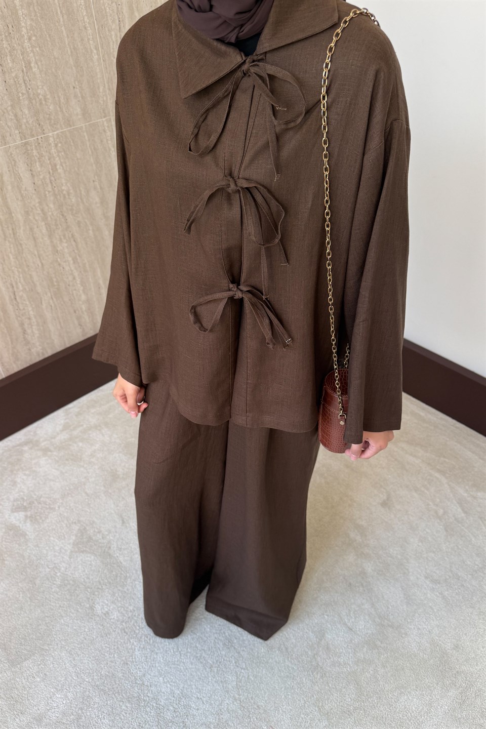 Önden Bağlamalı Keten Takım - Kahve