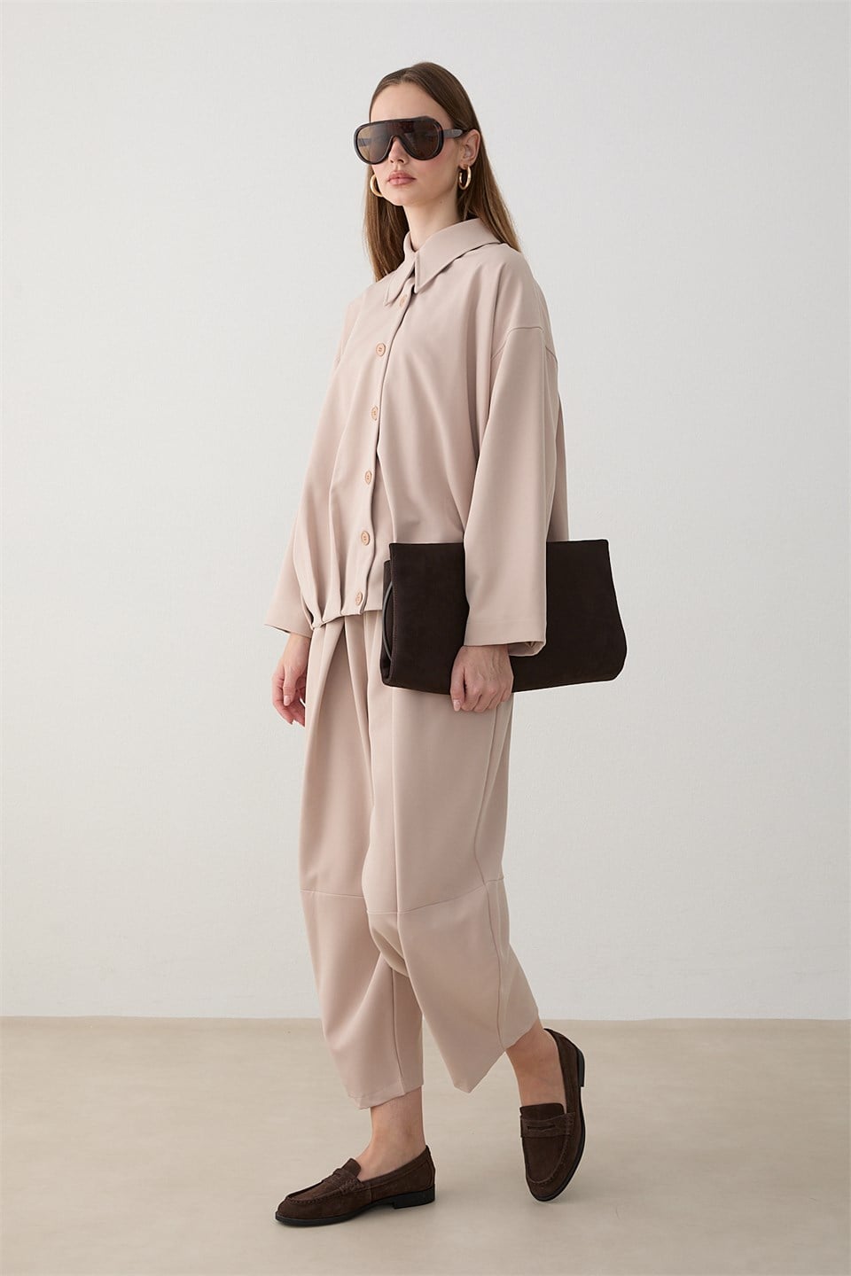 Oversize Ceketli Pantolonlu Takım - Bej