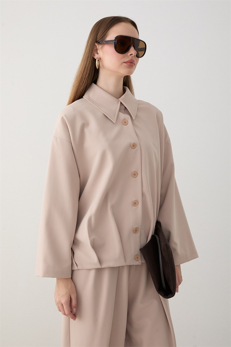 Oversize Ceketli Pantolonlu Takım - Bej