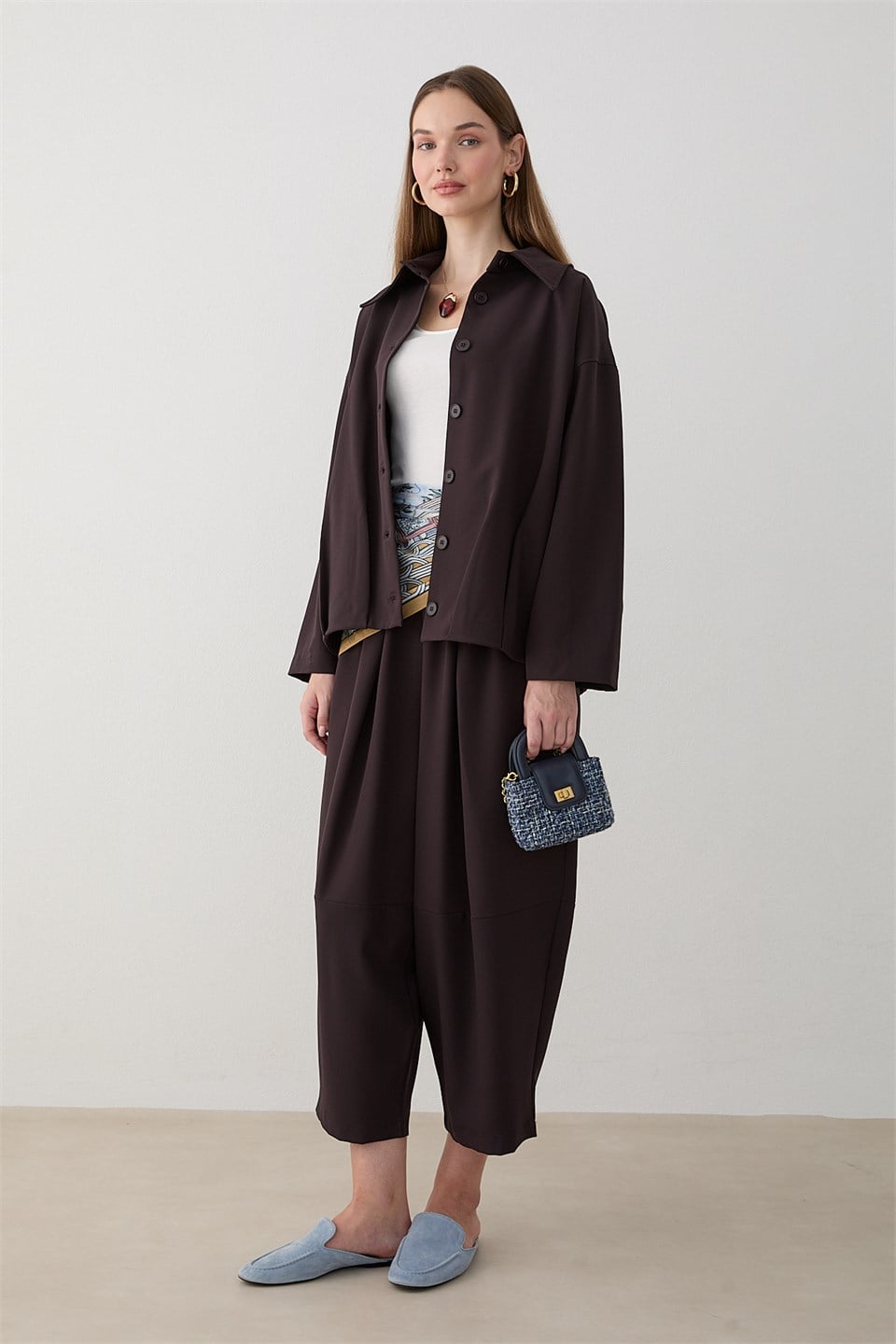 Oversize Ceketli Pantolonlu Takım - Kahve