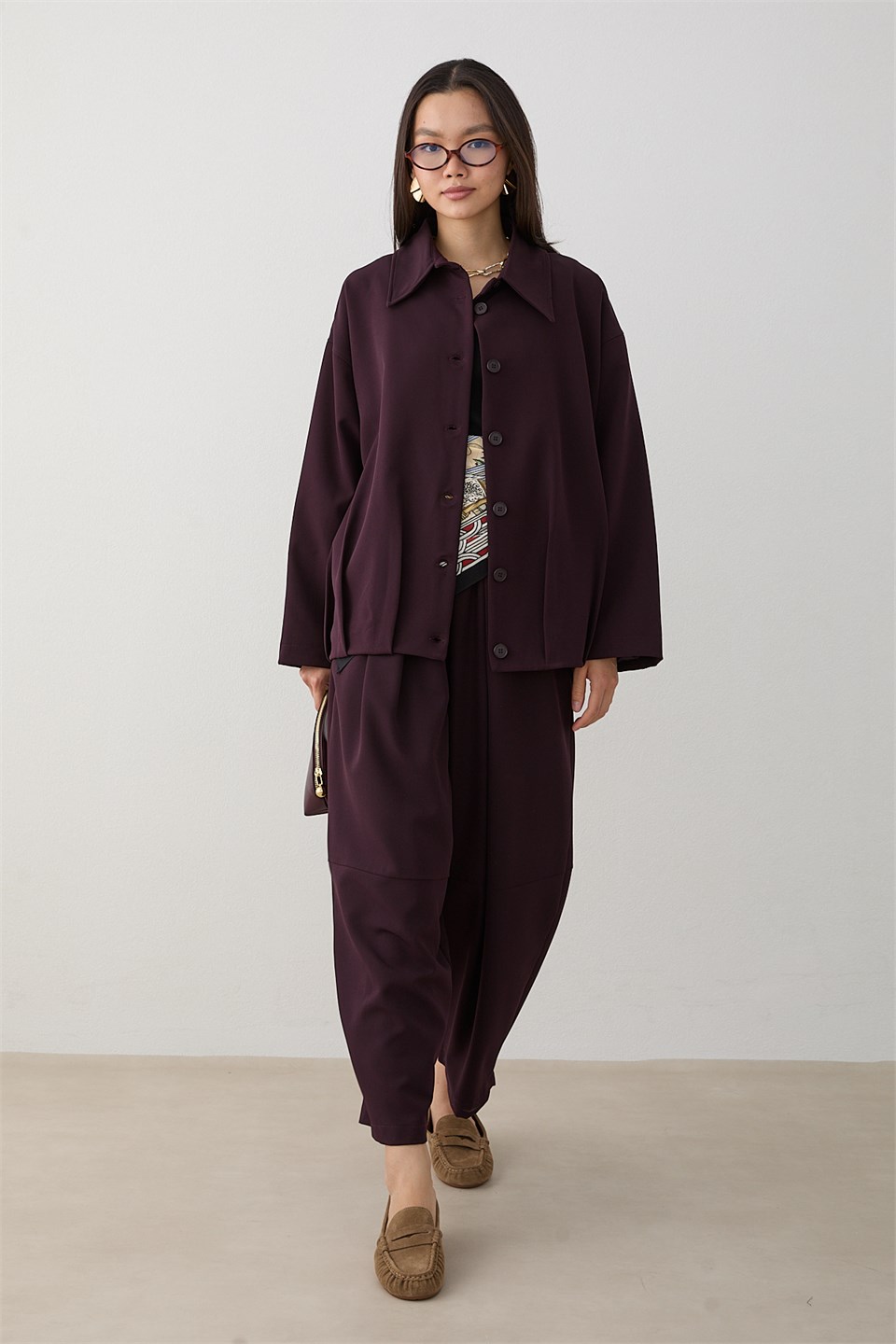 Oversize Ceketli Pantolonlu Takım - Mürdüm