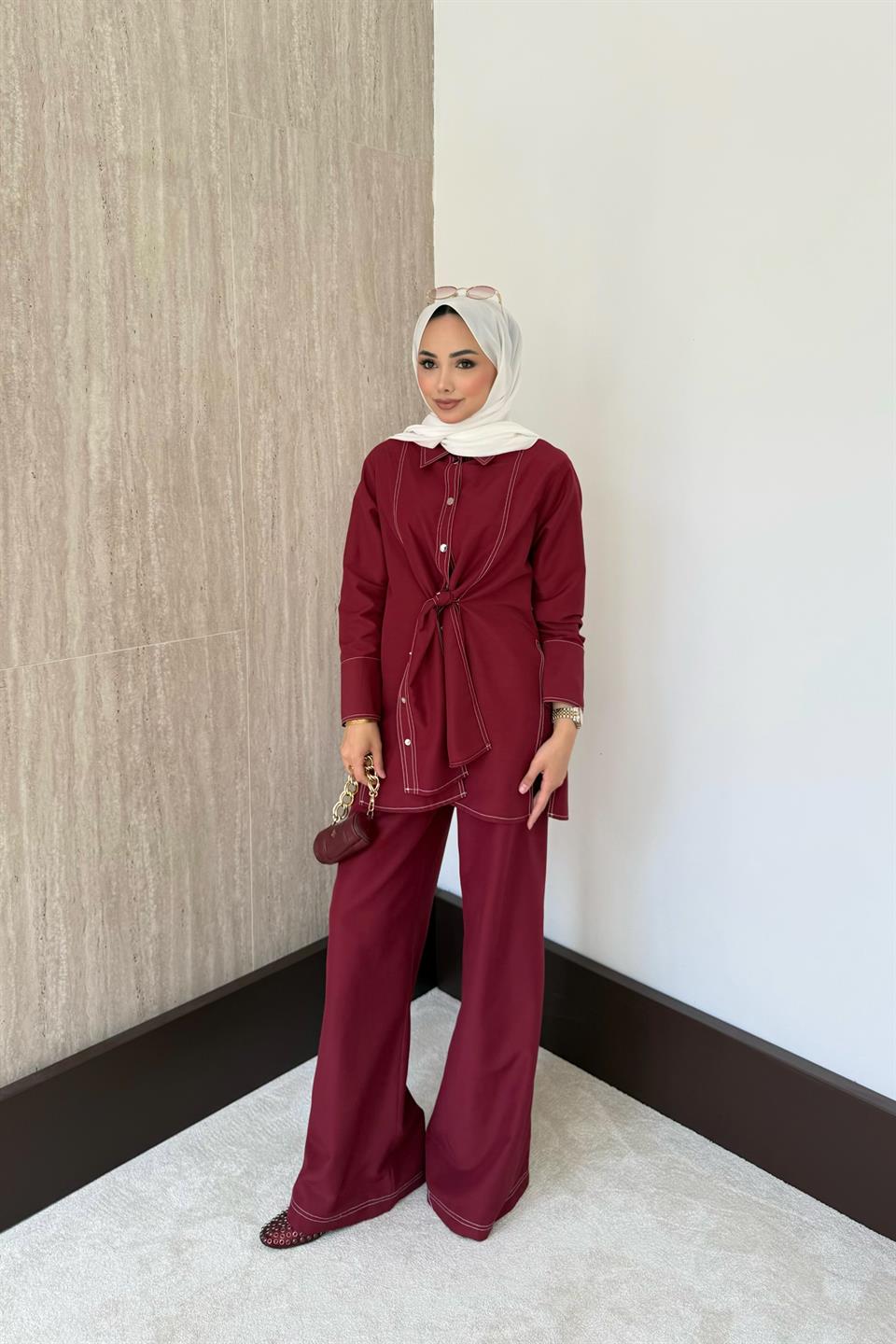 Parla Yırtmaçlı Pantolonlu Takım - Bordo