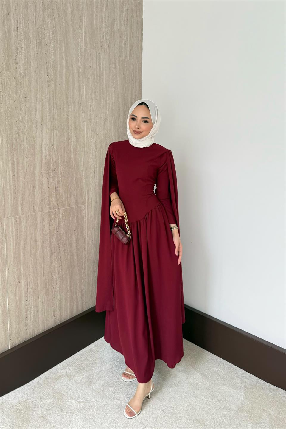 Pelerinli Elbise - Bordo