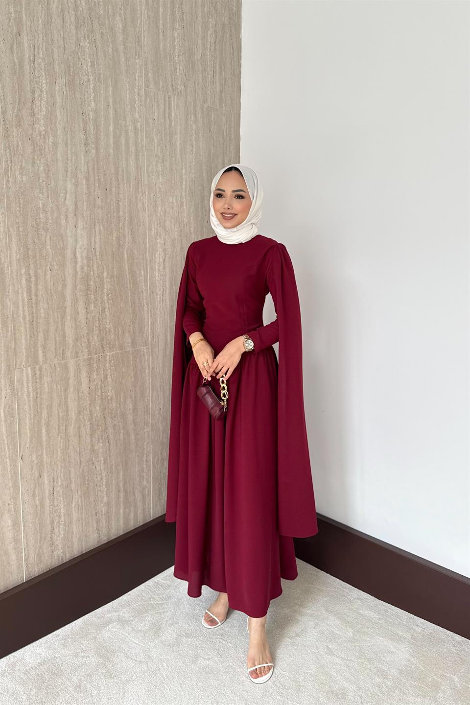 Pelerinli Elbise - Bordo