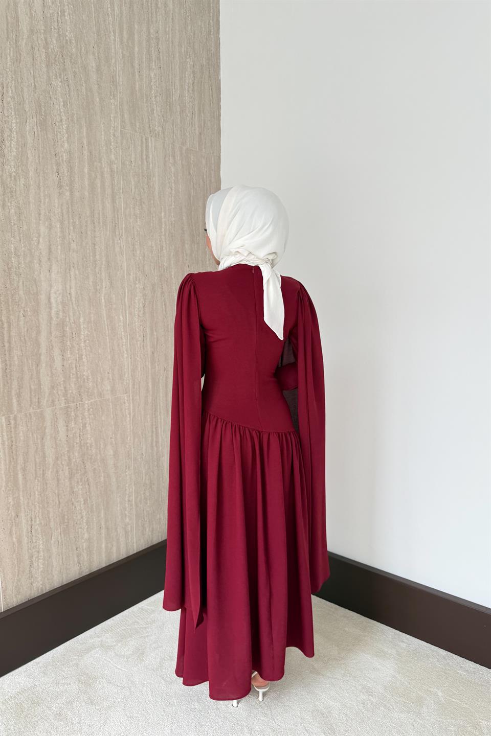 Pelerinli Elbise - Bordo