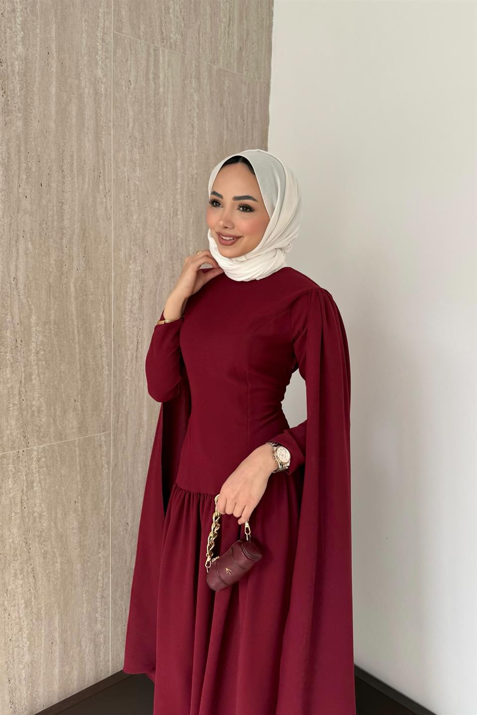 Pelerinli Elbise - Bordo