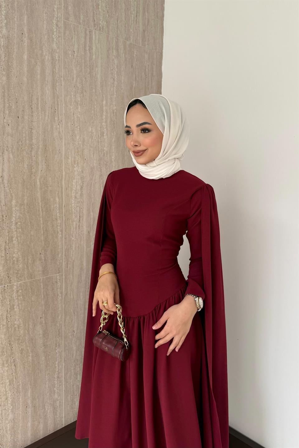 Pelerinli Elbise - Bordo