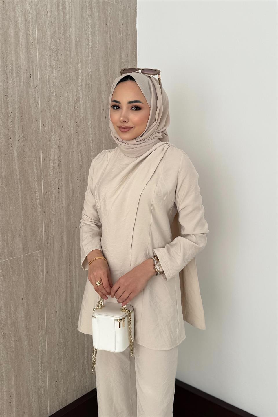 Pelerinli Modal Pantolonlu Takım - Bej