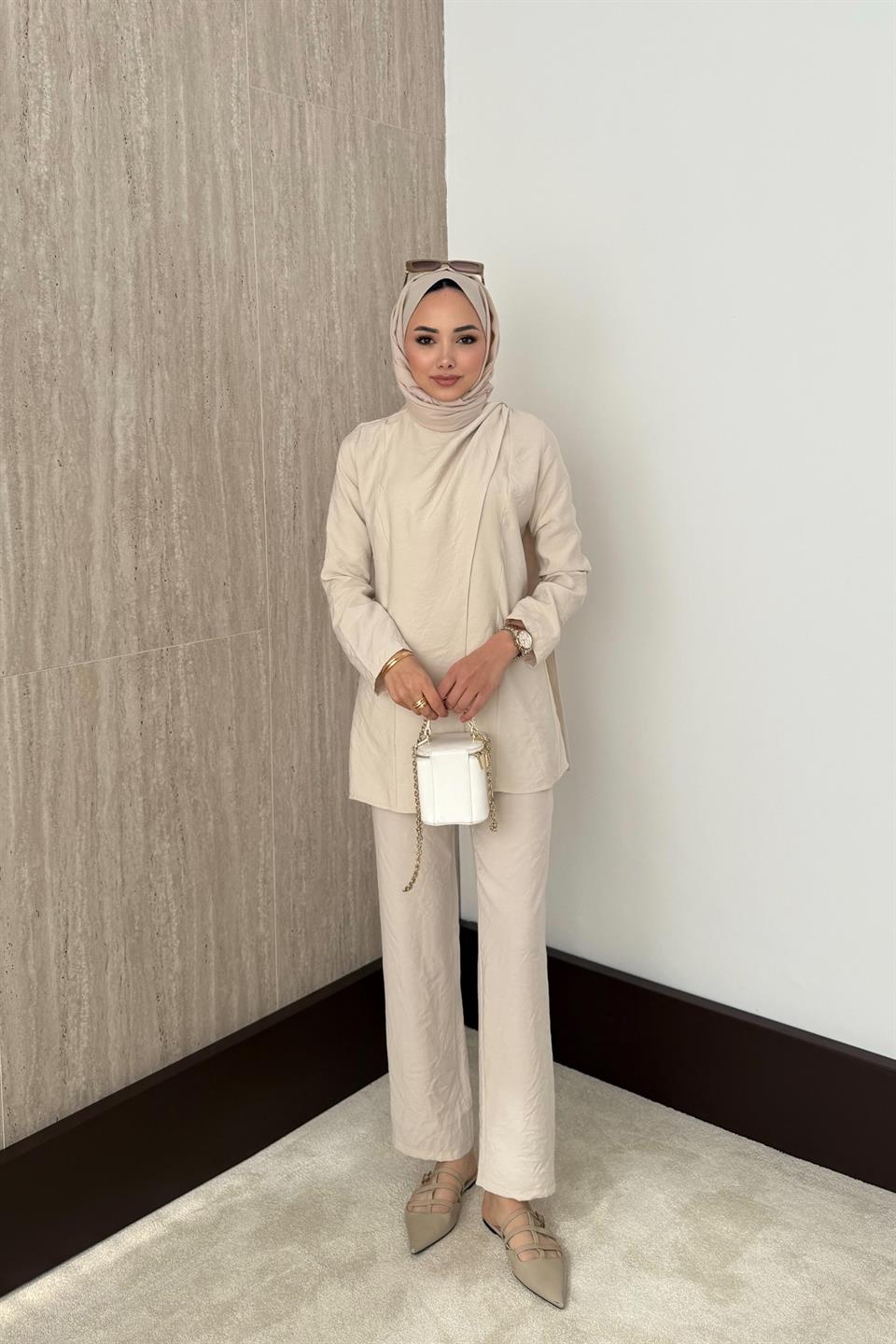 Pelerinli Modal Pantolonlu Takım - Bej