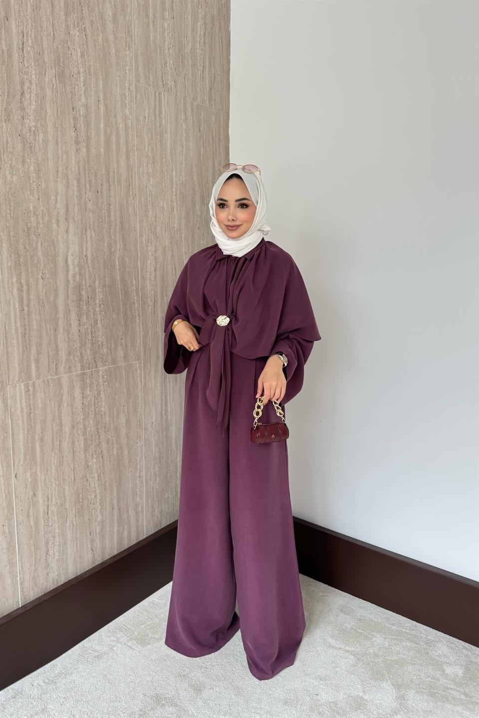 Pelerinli Modal Pantolonlu Takım - Bordo