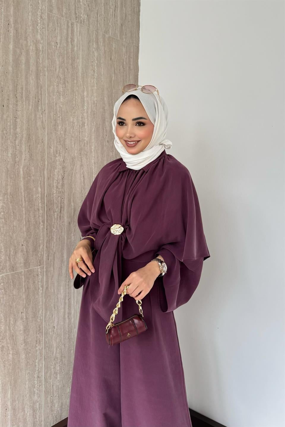 Pelerinli Modal Pantolonlu Takım - Bordo