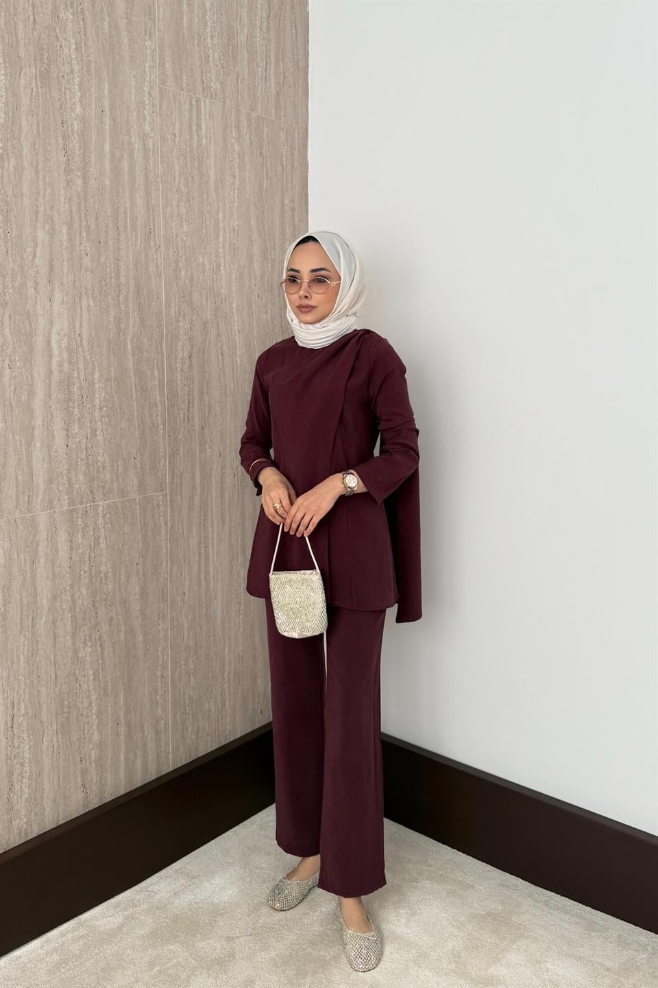 Pelerinli Modal Pantolonlu Takım - Bordo