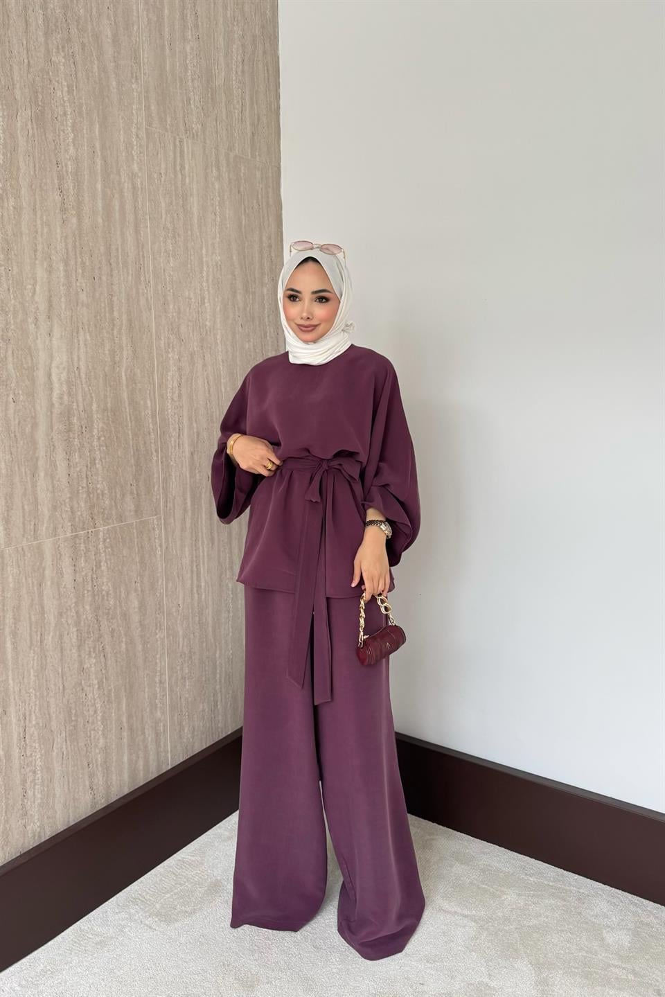 Pelerinli Modal Pantolonlu Takım - Bordo
