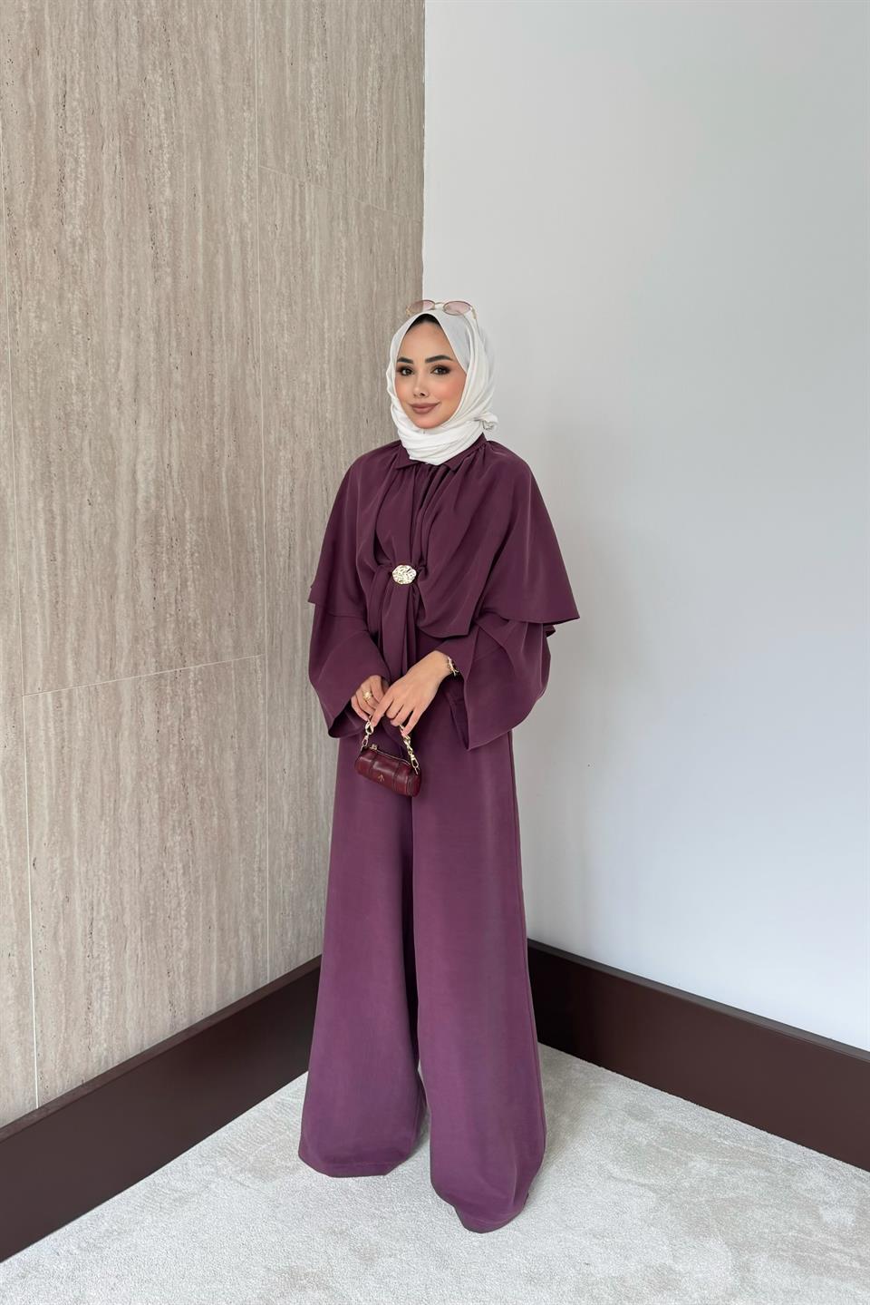 Pelerinli Modal Pantolonlu Takım - Bordo