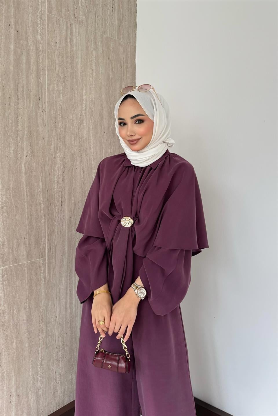 Pelerinli Modal Pantolonlu Takım - Bordo
