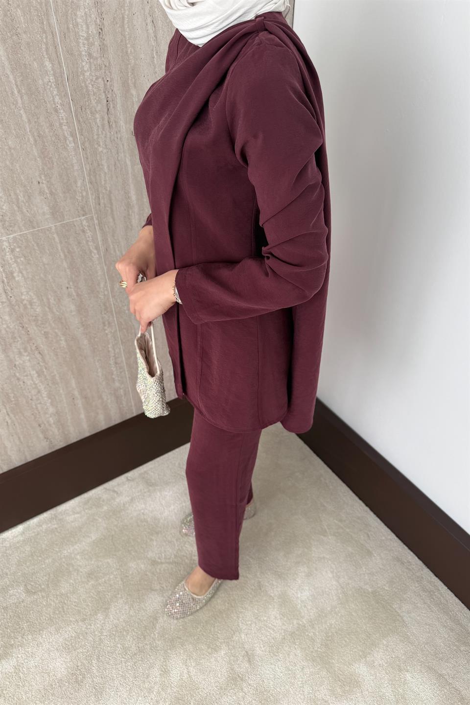 Pelerinli Modal Pantolonlu Takım - Bordo