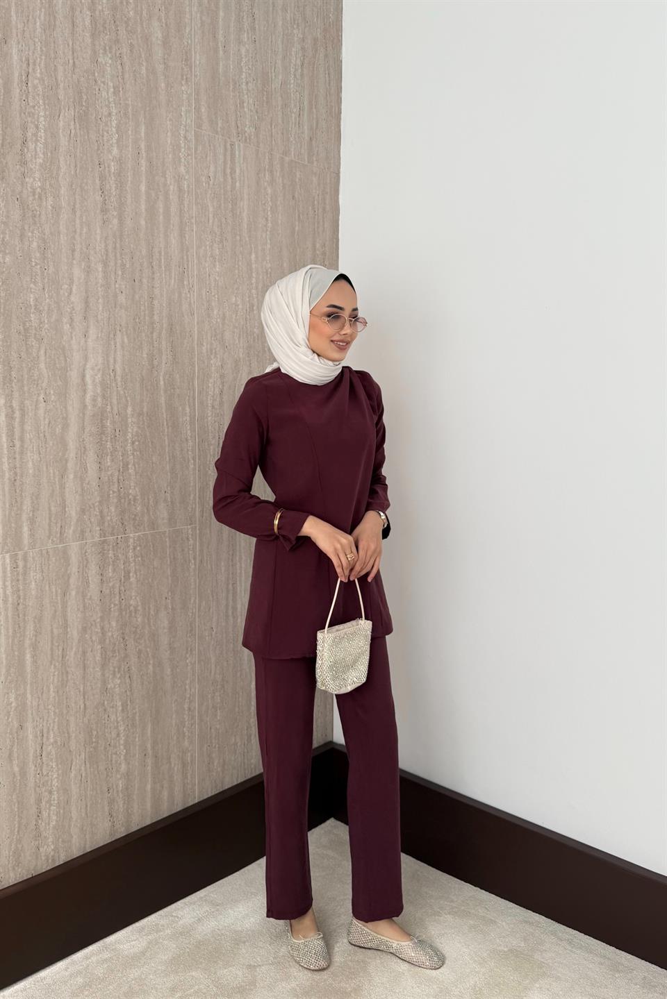 Pelerinli Modal Pantolonlu Takım - Bordo