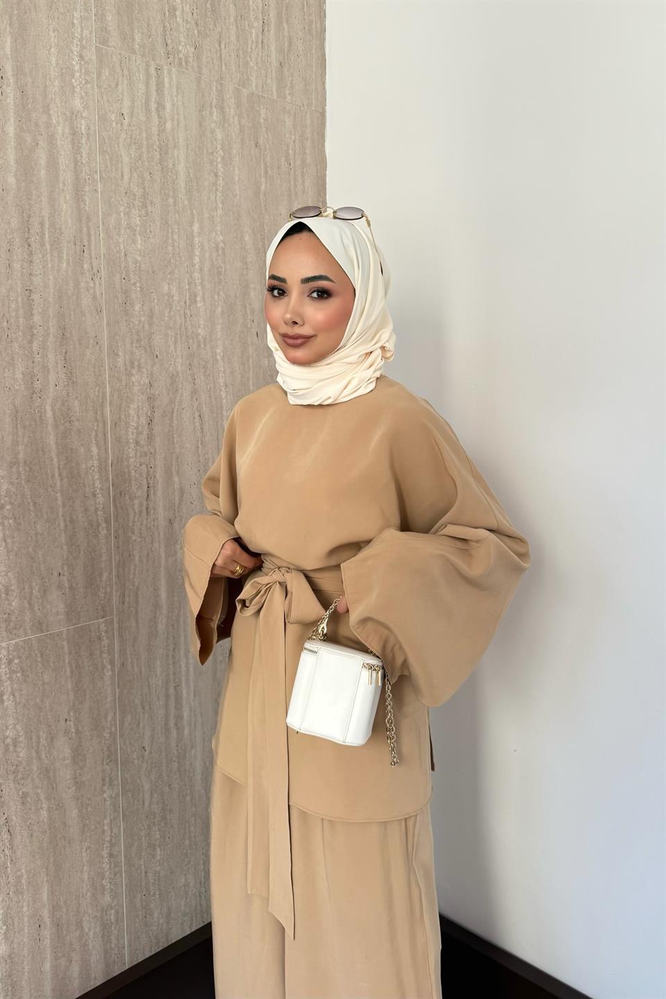 Pelerinli Modal Pantolonlu Takım - Camel