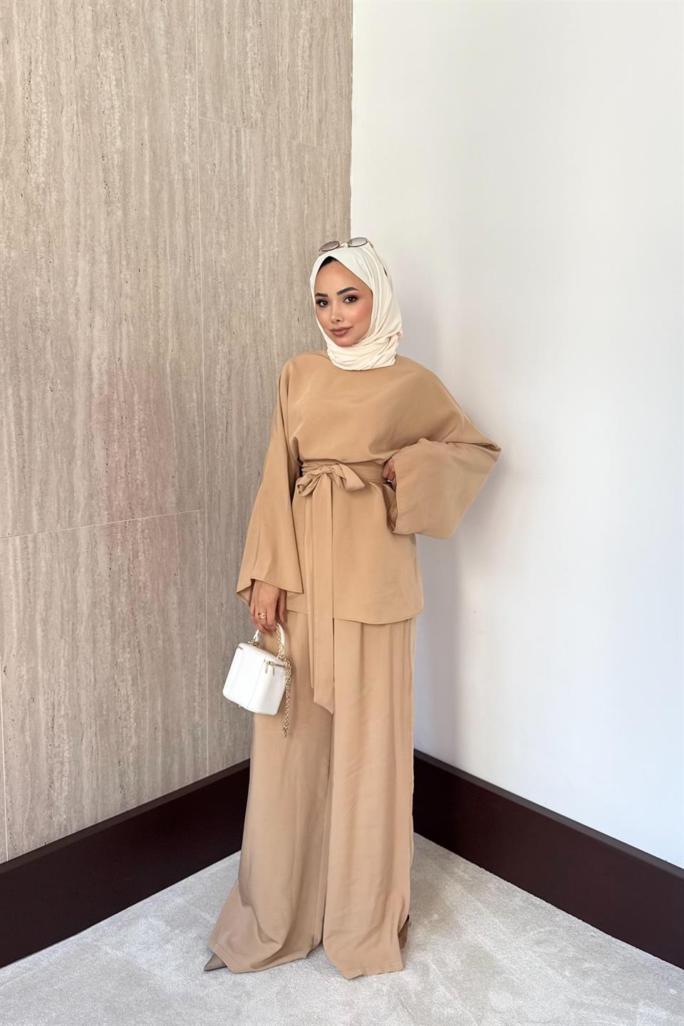 Pelerinli Modal Pantolonlu Takım - Camel