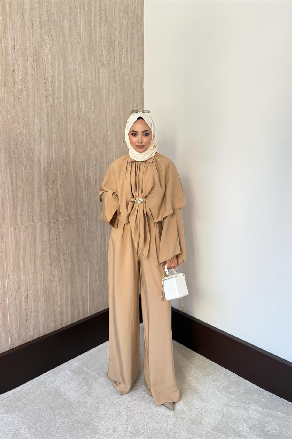 Pelerinli Modal Pantolonlu Takım - Camel