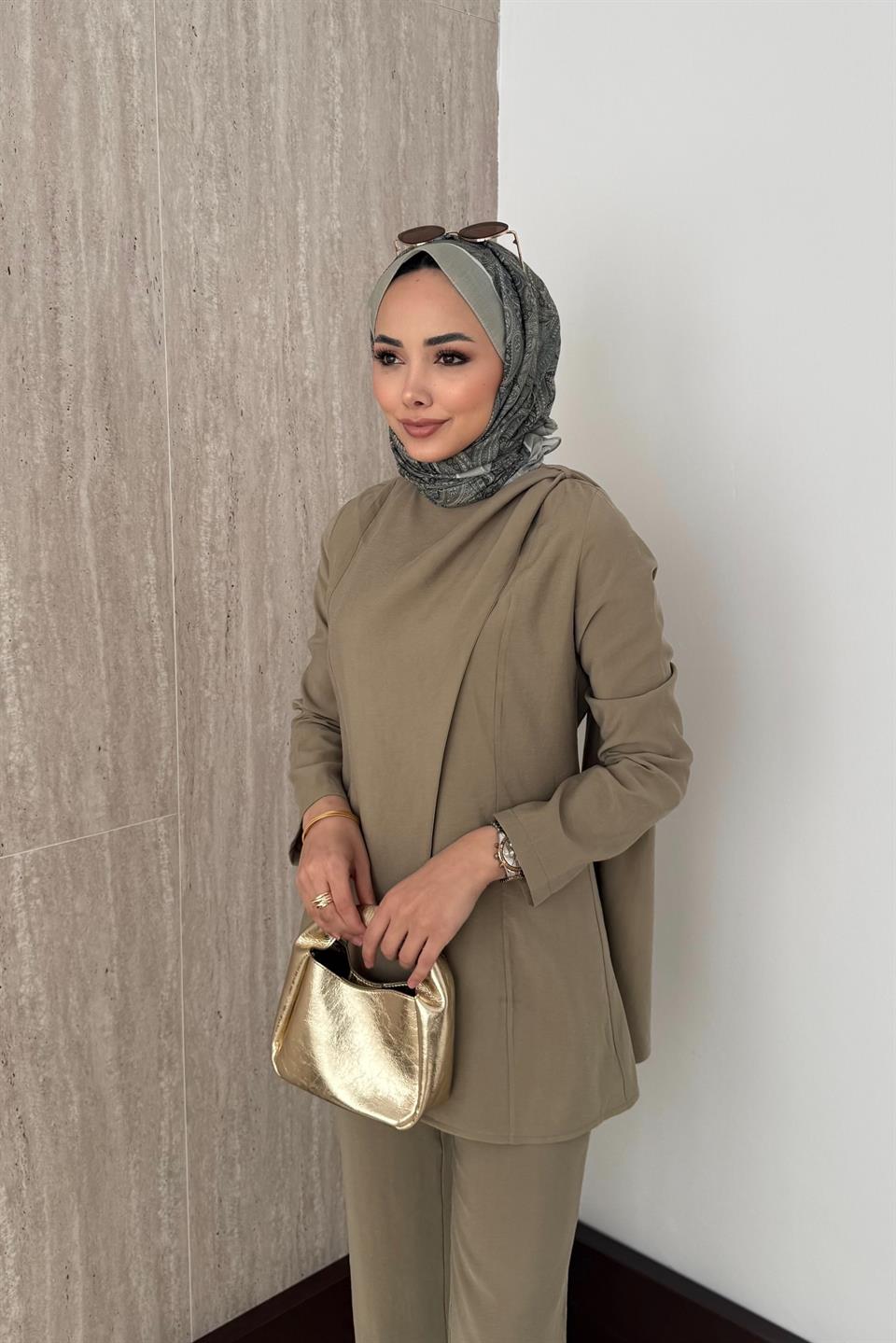 Pelerinli Modal Pantolonlu Takım - Haki