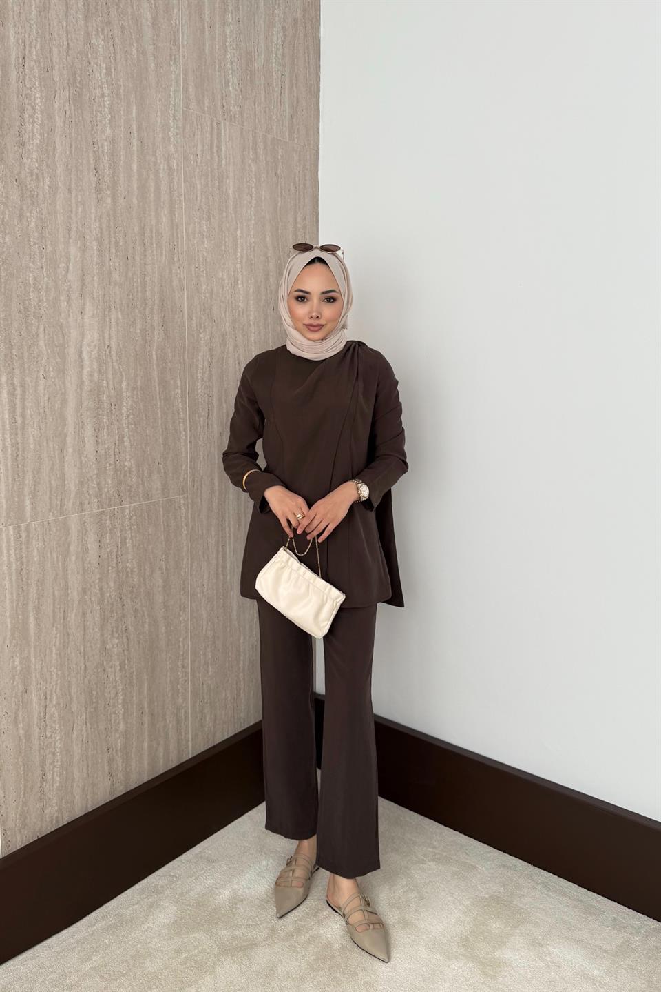 Pelerinli Modal Pantolonlu Takım - Kahve