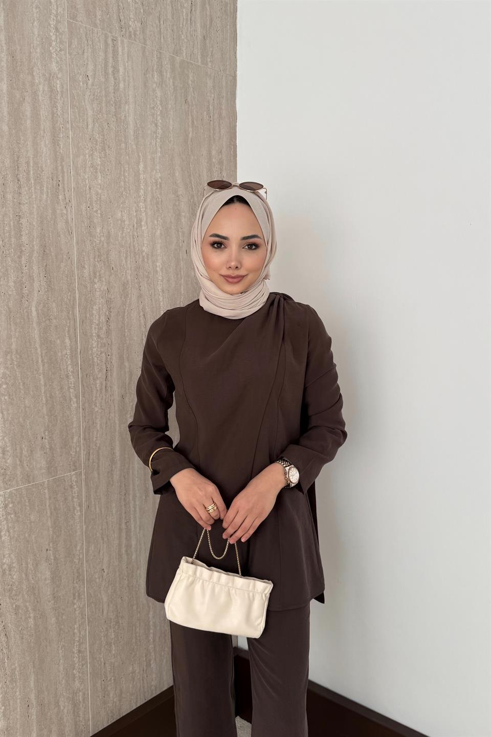 Pelerinli Modal Pantolonlu Takım - Kahve
