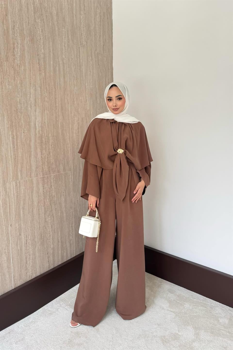 Pelerinli Modal Pantolonlu Takım - Kahve