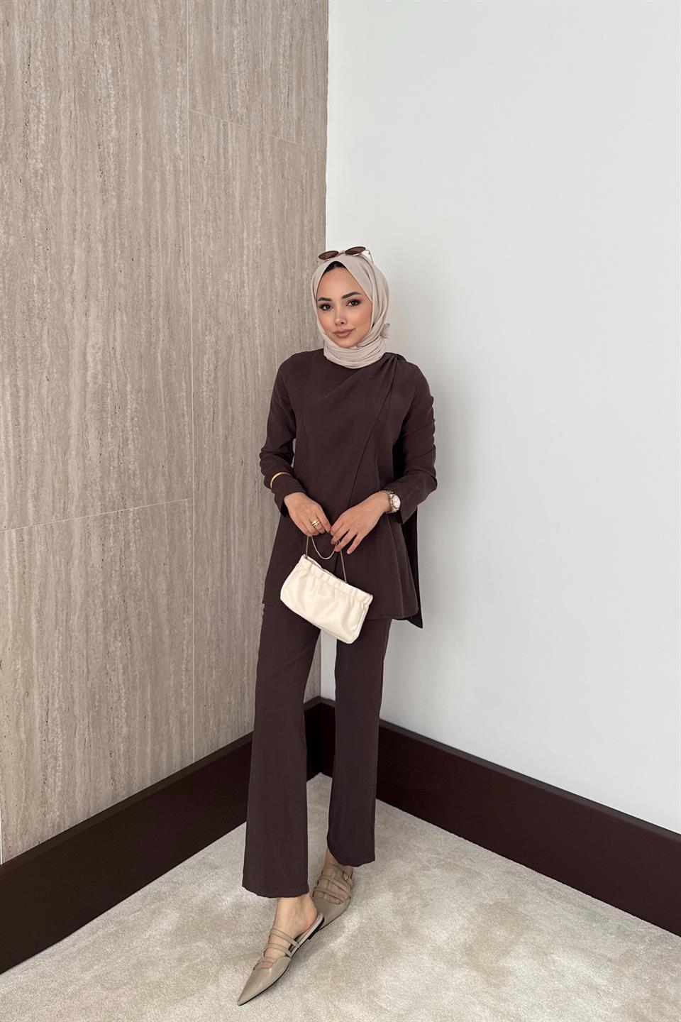 Pelerinli Modal Pantolonlu Takım - Kahve