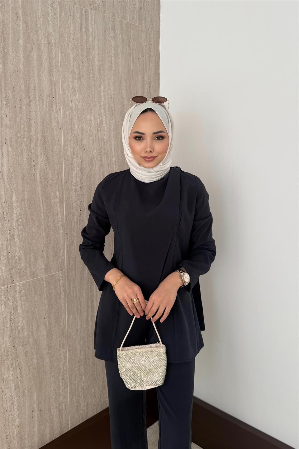 Pelerinli Modal Pantolonlu Takım - Lacivert