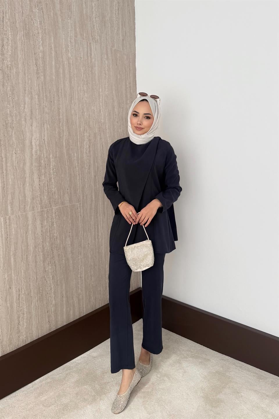Pelerinli Modal Pantolonlu Takım - Lacivert