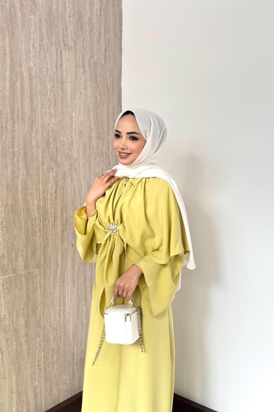 Pelerinli Modal Pantolonlu Takım - Sarı