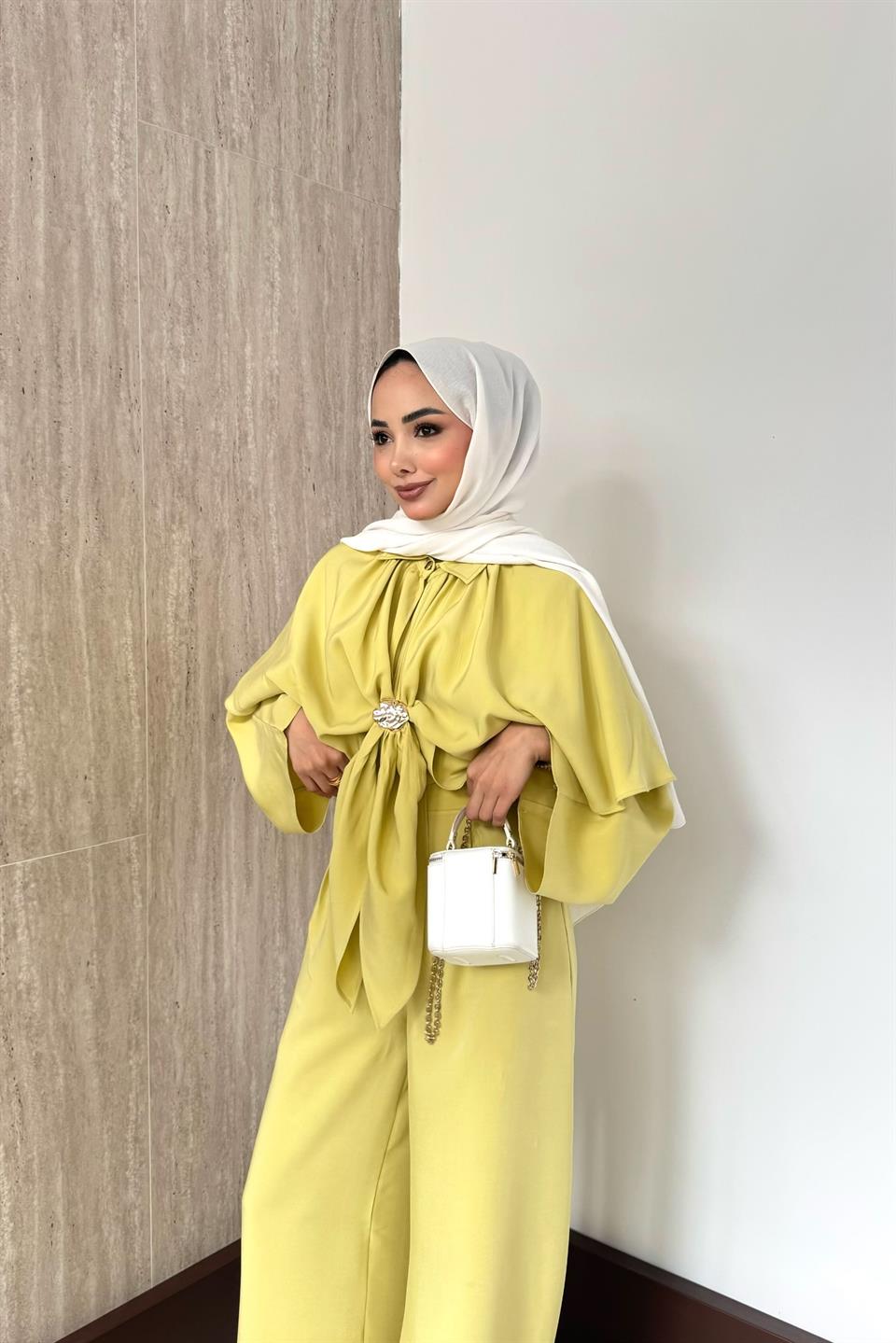 Pelerinli Modal Pantolonlu Takım - Sarı
