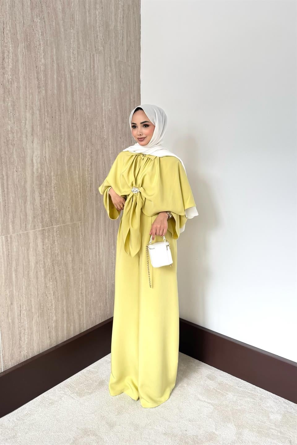 Pelerinli Modal Pantolonlu Takım - Sarı