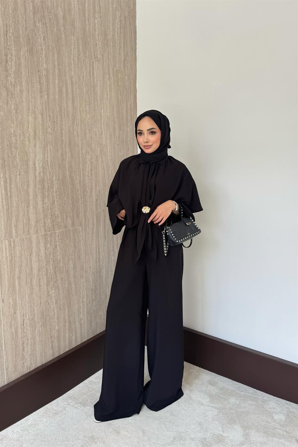 Pelerinli Modal Pantolonlu Takım - Siyah