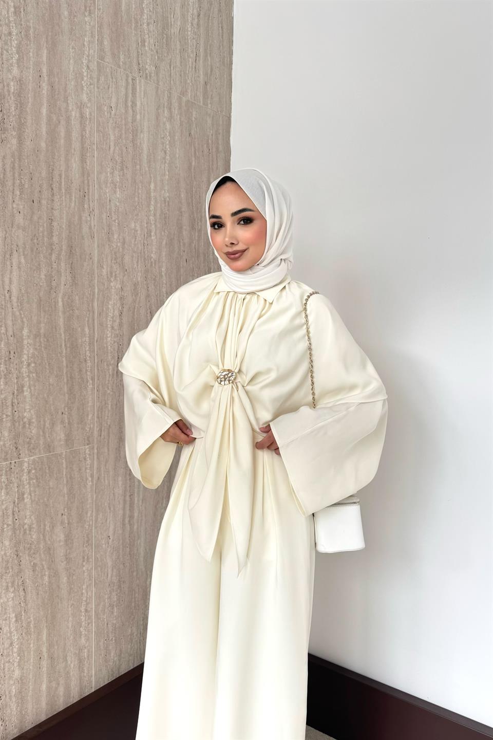 Pelerinli Modal Pantolonlu Takım - Taş