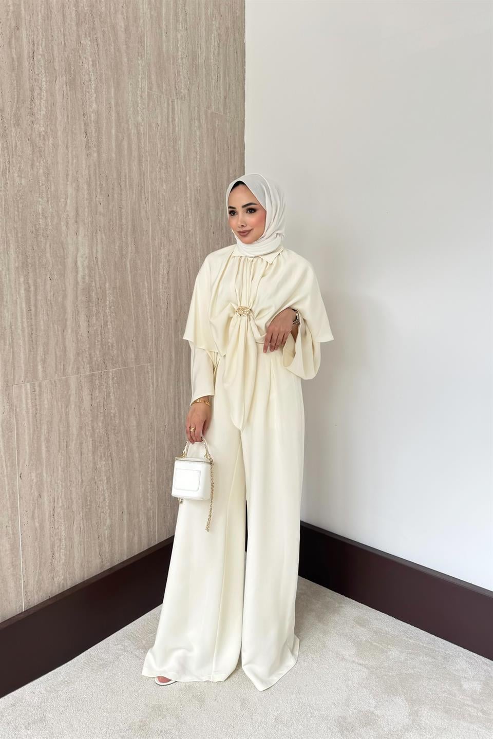 Pelerinli Modal Pantolonlu Takım - Taş